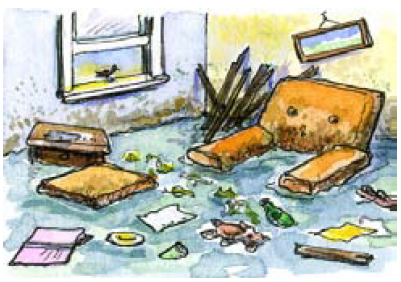 Picture of flooding inside a living room with furniture and debris floating