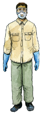 Man wearing mask, goggles, gloves, long sleeve shirt, long pants, and boots